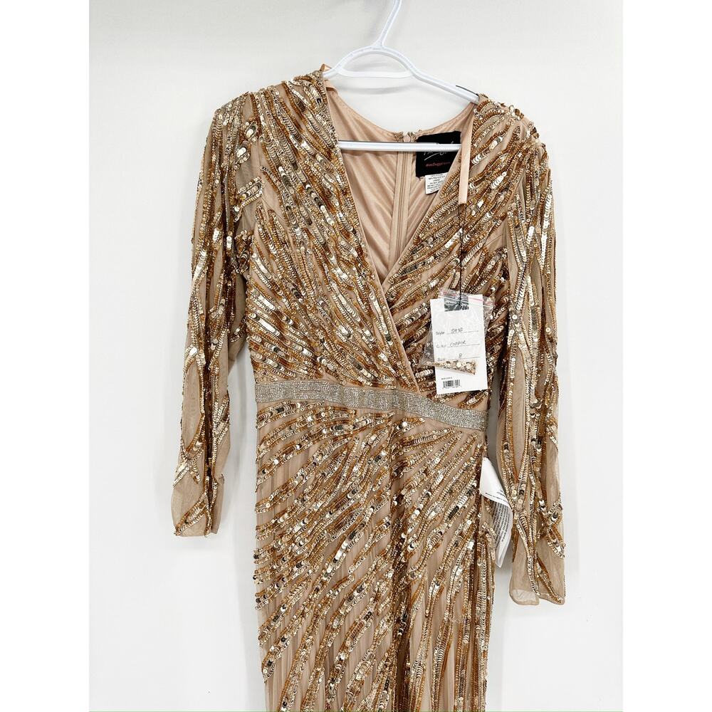 Mac Duggal 5438 Gold Copper Long Sleeve Streaked Sequin Gown Size 8 NWT - Picture 9 of 9
